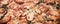 Fresh crispy pizza, close up view. Wide banner size