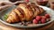 Fresh croissant with chocolate, raspberry and pieces of chocolate