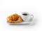 Fresh croissant  and Coffee Cup on white Background isolate. Continental Breakfast. Coffee Break, Black coffee with bread