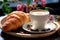 Fresh croissant and a cup of cappuccino coffee on a wooden tray. Breakfast outdoors in summer