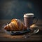 Fresh croissant and a cup of coffee on the table close-up