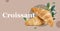 Fresh croissants. Bakery and cookies sprinkled with grains on a colorful background. Collage banner. Delicious. Breakfast