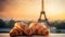 Fresh croissants on table in front of Eiffel tower in Paris, France. Generative AI