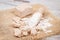 Fresh crumbled yeast and flour as ingredients for baking or cooking