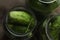 Fresh cucumbers in pickling jars. Traditional Russian snacks. Top view. Close-up