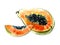 Fresh cut in half papaya isolated on white background. Tropical fruit in cross section. Watercolor painting.