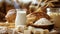 Fresh dairy products and grains on a rustic table. Organic food and farming concept