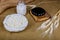 Fresh dairy products milk, Shofar and torah, wheat field cottage cheese , wheat, wood background