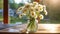 Fresh Daisies in clear glass vase, white marguerite, with garden background. Generative AI