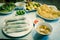 Fresh and deep fried noodle rolls with bowl of fish sauce in Hanoi, Vietnam