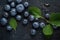 Fresh delicious blueberries on dark stone background, top view, flat lay. Generative AI