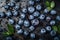 Fresh delicious blueberries on dark stone background, top view, flat lay. Generative AI