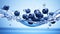 Fresh and delicious blueberry fruits and water splashing isolated on blue background, close up shot. Generative AI