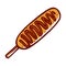 Fresh delicious corn dog with ketchup on stick vector illustration. Appetizing tasty unhealthy snack