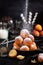 Fresh delicious homemade cottage cheese ball donuts with powdered sugar on dark background