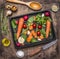 Fresh delicious ingredients for healthy cooking or salad making on rustic background, top view Diet or vegetarian food concept