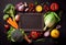 Fresh delicious ingredients of organic food for healthy cooking , Fresh farmer vegetables on a black chalkboard