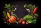 Fresh delicious ingredients of organic food for healthy cooking , Fresh farmer vegetables on a black chalkboard