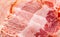 Fresh delicious meat background texture macro, extreme closeup. Juicy fat bacon piece cross section structure, backdrop