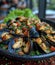 Fresh and delicious mussels cooked with tomato, parsley on a ceramic bowl