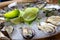 Fresh delicious oysters on ice with lime
