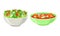 Fresh Dishes with Vegetable Soup and Salad with Greenery in Bowl Vector Set