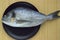 Fresh dorado fish on a black plate, which lies on a light bamboo napkin