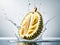Fresh durian falling into water splashes on grey background.