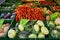 Fresh ecological vegetable stall at farmer\\\'s market in Germany, turnip, cauliflowers, carrots, cabbages, organic food