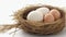 Fresh Eggs in a Nest: Crisp White Background Photography.