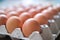 Fresh eggs for sale at a market. Fresh Chicken Rooster Eggs on at Local Farmer Market. close-up.