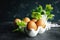 fresh eggs in a white ceramic tray on a wooden rustic table. raw brown eggs in a reusable porcelain stand-form