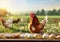 Fresh eggs on wooden table and chicken on green fields landscape background.Macro.AI Generative