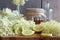 Fresh elder flowers on a wooden background