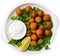 Fresh Falafel with Yogurt Sauce on Plate, Tasty Vegetarian Meal on White Background