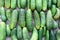 Fresh farm cucumbers on wooden background. Rustic style. Top view cucumber food background