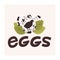 Fresh farm eggs logo. Quail spotted eggs, silhouette of quail and green leaves on light background. Flat style vector