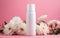 Fresh feminine beauty concept. White cosmetic bottle mock up on soft pink background with big white flowers. AI Generative