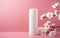 Fresh feminine beauty concept. White cosmetic bottle mock up on soft pink background with cherry blossom flowers. AI Generative
