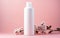 Fresh feminine beauty concept. White cosmetic bottle mock up on soft pink background with flowers. AI Generative