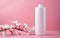 Fresh feminine beauty concept. White cosmetic bottle mock up on soft pink background with flowers. AI Generative