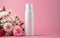 Fresh feminine beauty concept. White cosmetic bottle mock up on soft pink background with flowers bouquet. AI Generative