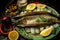 Fresh fish. Ingredients for cooking fish. river fish with spices and lemon top view. Healthy food concept, top view