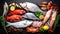 Fresh fish and seafood assortment AI generated image
