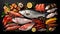 Fresh fish and seafood assortment AI generated image