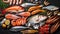 Fresh fish and seafood assortment AI generated image