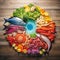 Fresh fish and seafood and vegetables round colorful arrangement composition. AI generative illustration