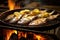 fresh fish sizzling on a boat grill with lemon slices