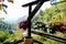 Fresh flowers in natural hanging pots on wooden terrace on beautiful mountain and forest background view point