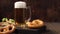 Fresh foamy Lager beer in a glass mug on a dark wooden table.